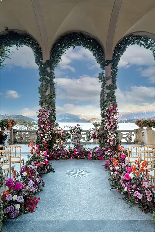 Elegant ceremony setup in front of a historic villa for a luxury wedding on Lake Como.