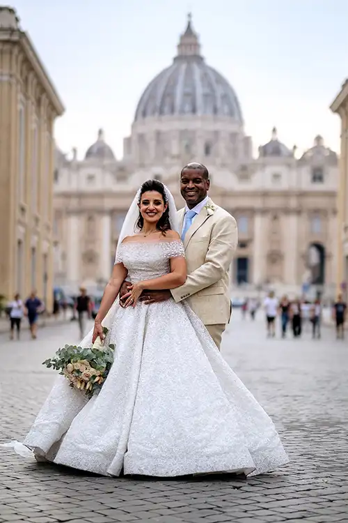 Bride and groom in Rome with St. Peter’s Basilica in the background during a wedding portrait session.