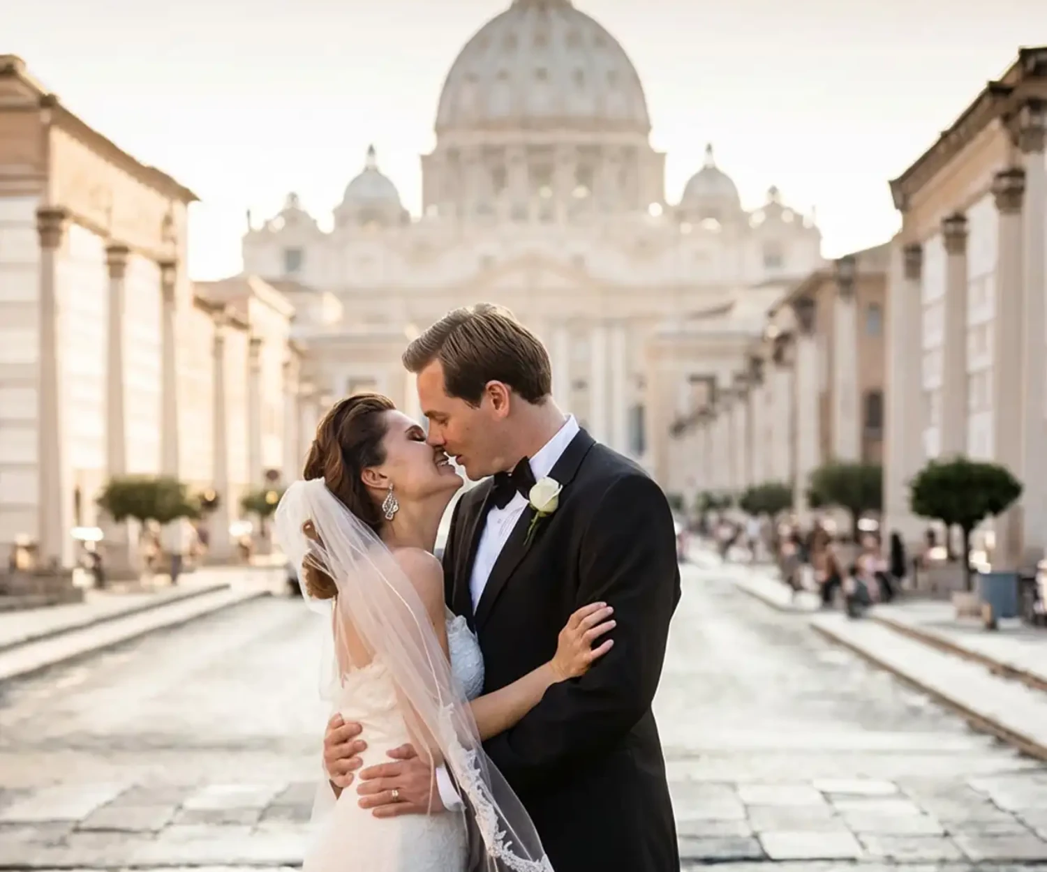 Bride and groom in Rome with St. Peter’s Basilica in the background during a luxury wedding in Italy