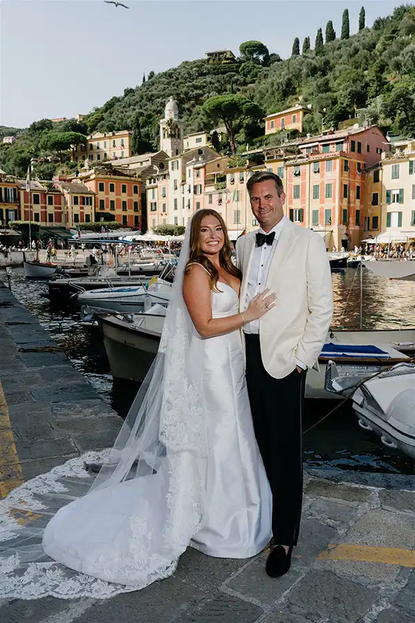 Bride and groom in Portofino during a wedding on the Italian Riviera.