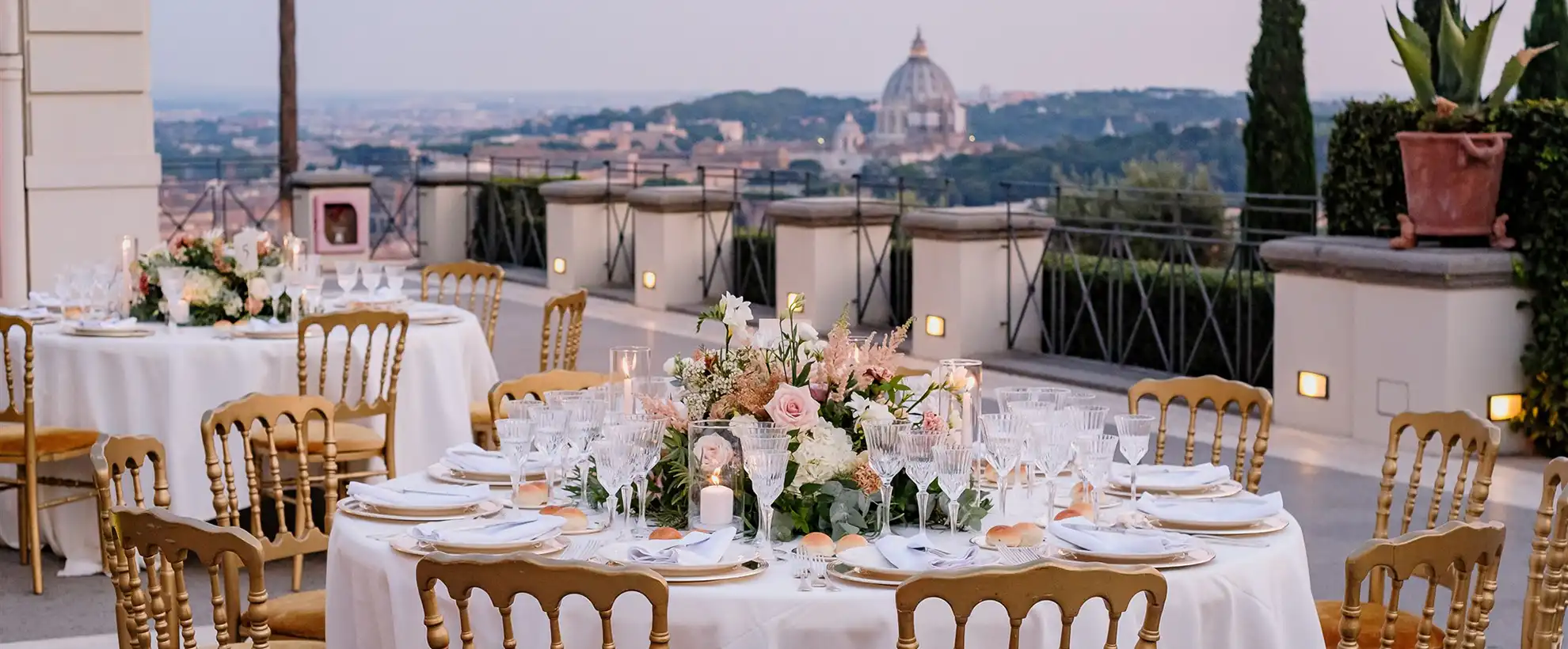 Elegant wedding reception in Rome with St Peter's Basilica in the background